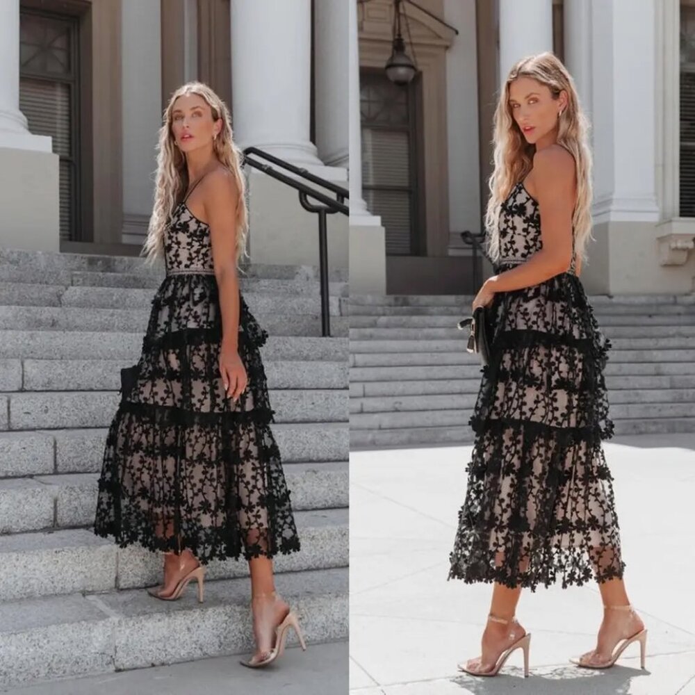 VICI NWT Endless Rose Pascal Tiered Crochet Lace Midi Dress in Black